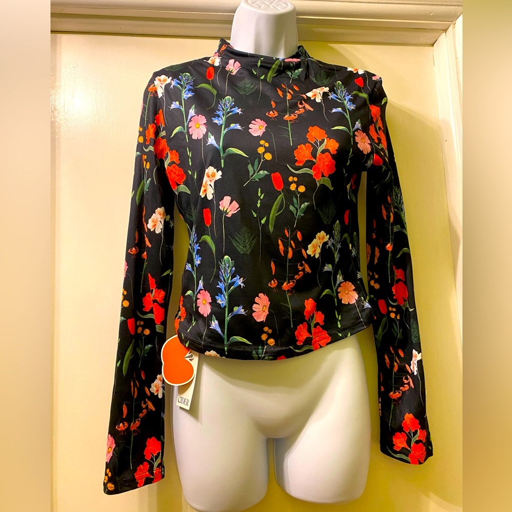 Long Sleeved Cider Mock Turtleneck Shirt. Black with Wild Flower floral print